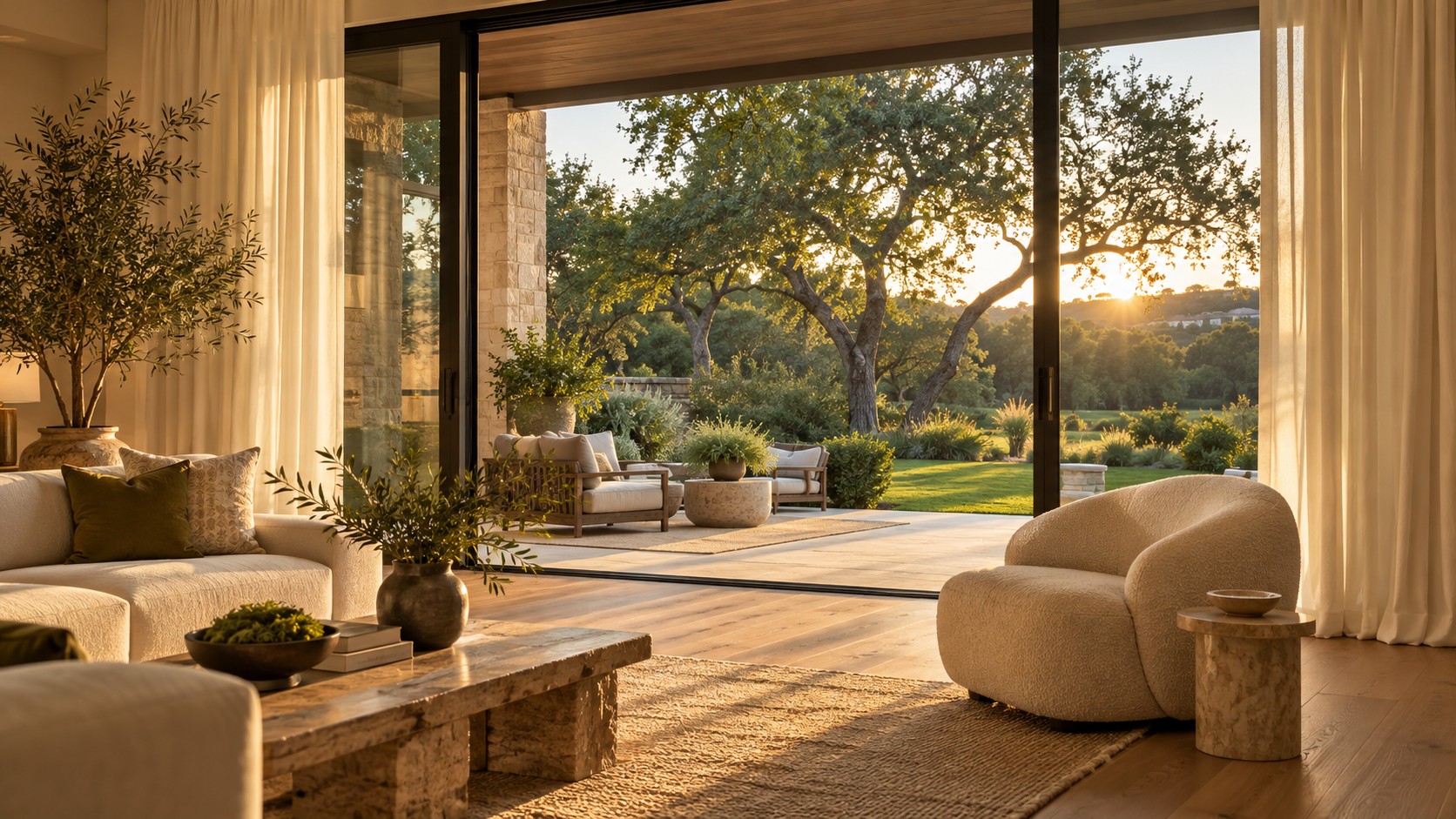 Visual concept of a cinematic property scene looking toward a garden